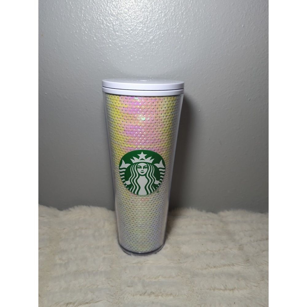 Starbucks 2020 Holiday Sequins Gltter Cold Cup  White Pink 24 oz.‎ No Straw